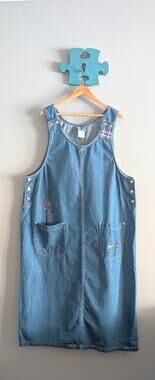 Vintage True Blue Denim Jumper Dress 3X Teachercore Teacher Embroidered Cotton